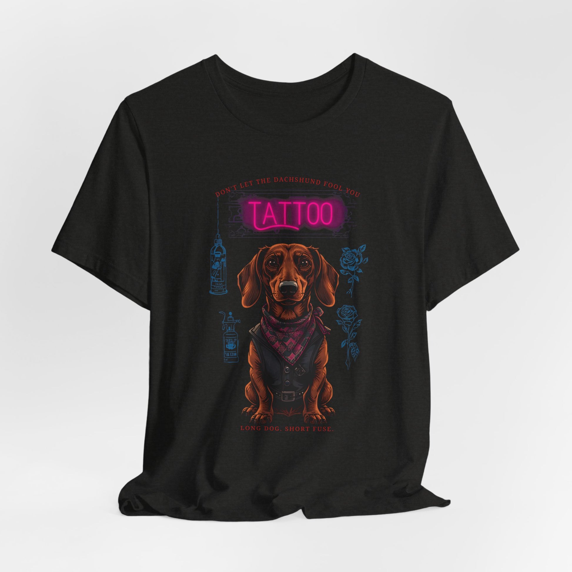 Dachshund Biker Ink Shop t-shirt in black heather, lifestyle photo