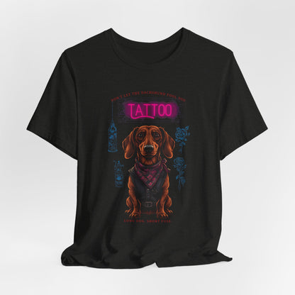 Dachshund Biker Ink Shop t-shirt in black heather, lifestyle photo
