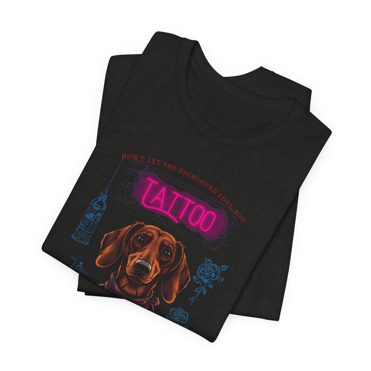 Dachshund Biker Ink Shop t-shirt in black heather, side view