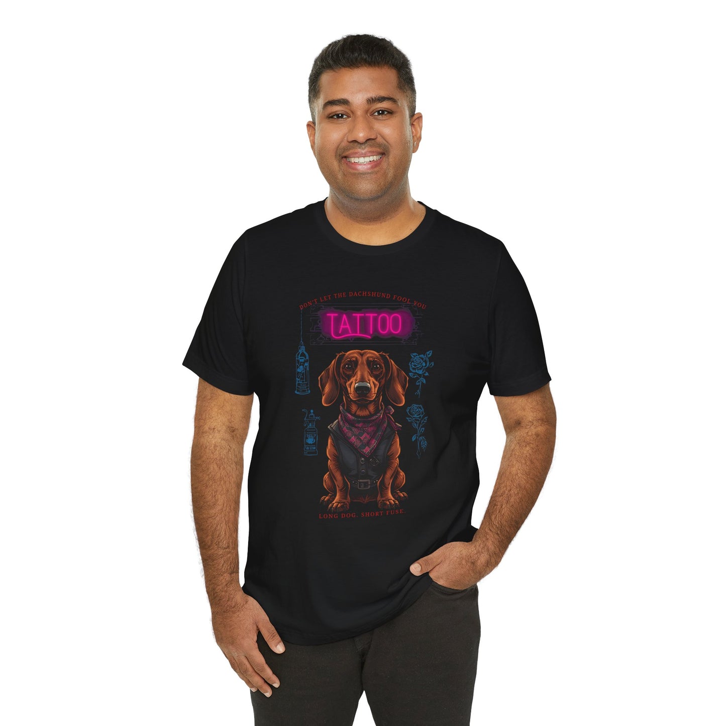 Dachshund Biker Ink Shop t-shirt in black, lifestyle photo
