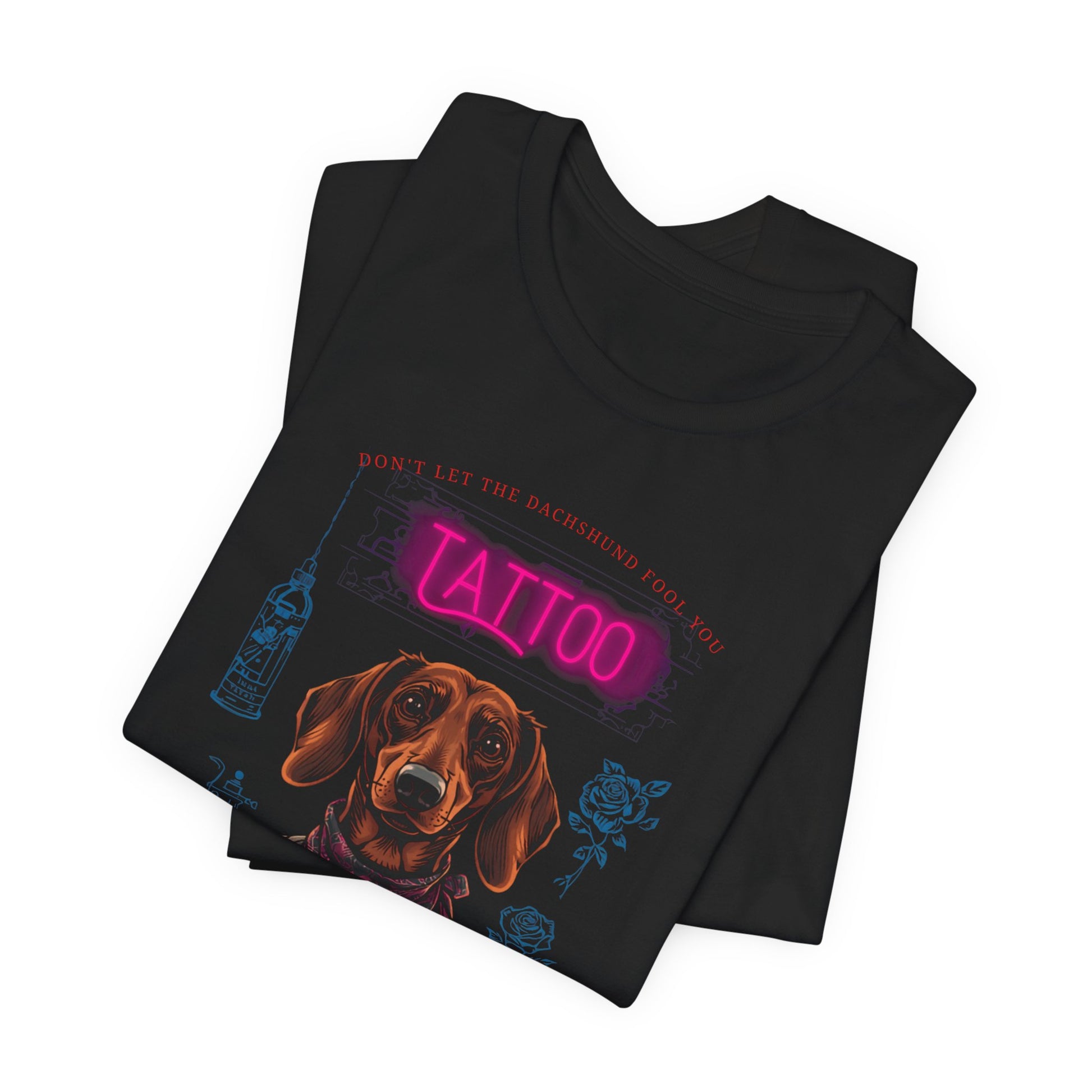 Dachshund Biker Ink Shop t-shirt in dark grey heather, back view