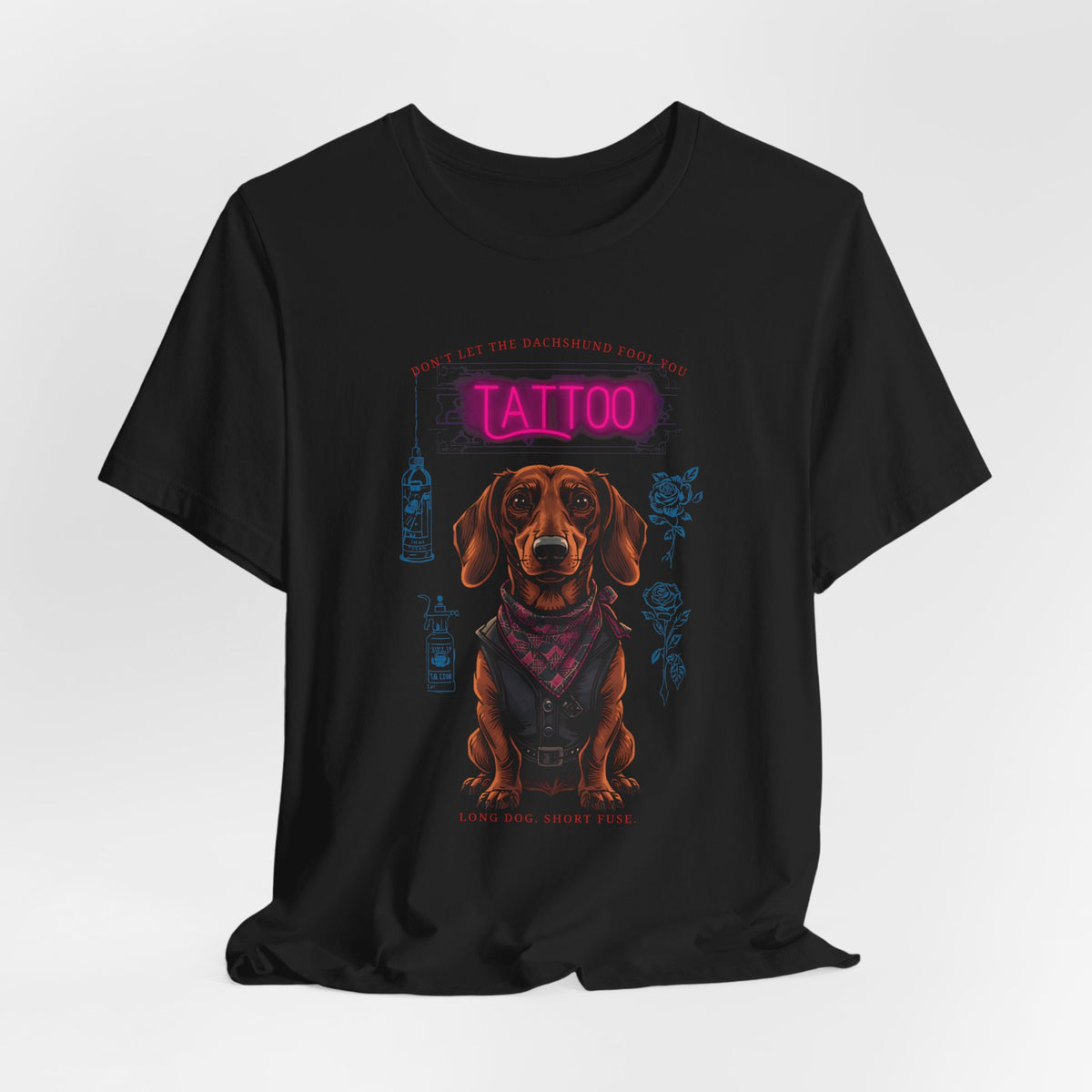 Dachshund Biker Ink Shop t-shirt in dark grey heather, side view