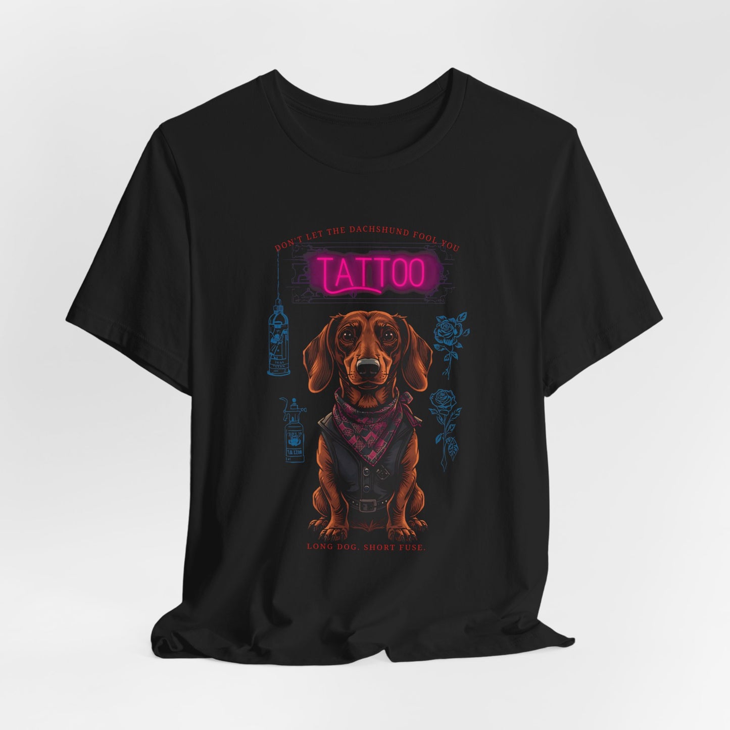 Dachshund Biker Ink Shop t-shirt in dark grey heather, side view