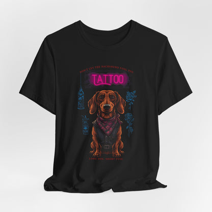 Dachshund Biker Ink Shop t-shirt in dark grey heather, side view