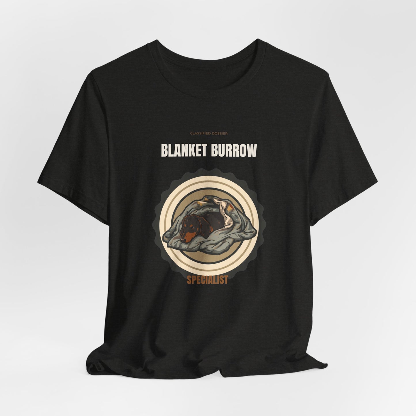 Dachshund Blanket Burrow t-shirt, cosy lifestyle shot at home