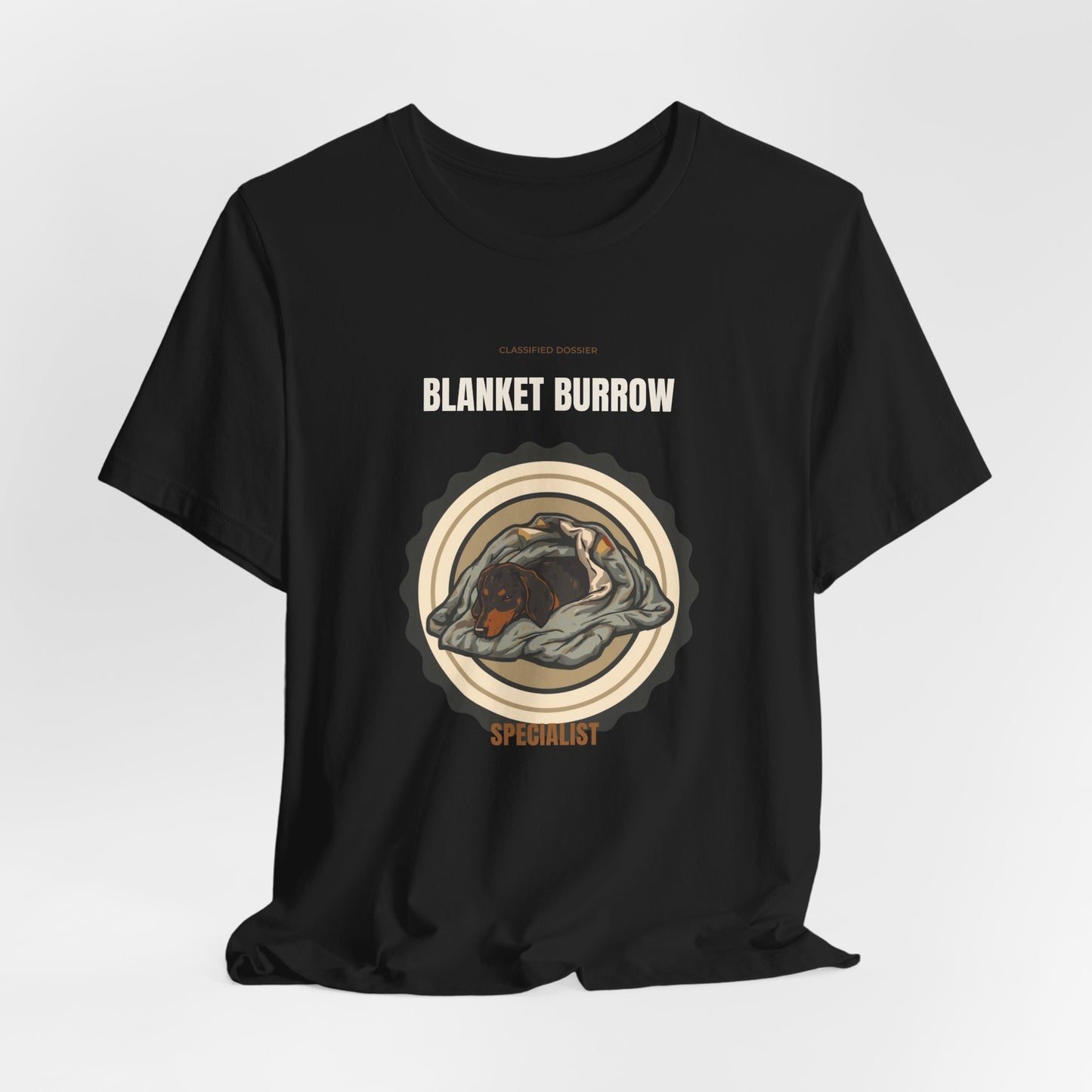 Dachshund Blanket Burrow t-shirt worn by male model, front view