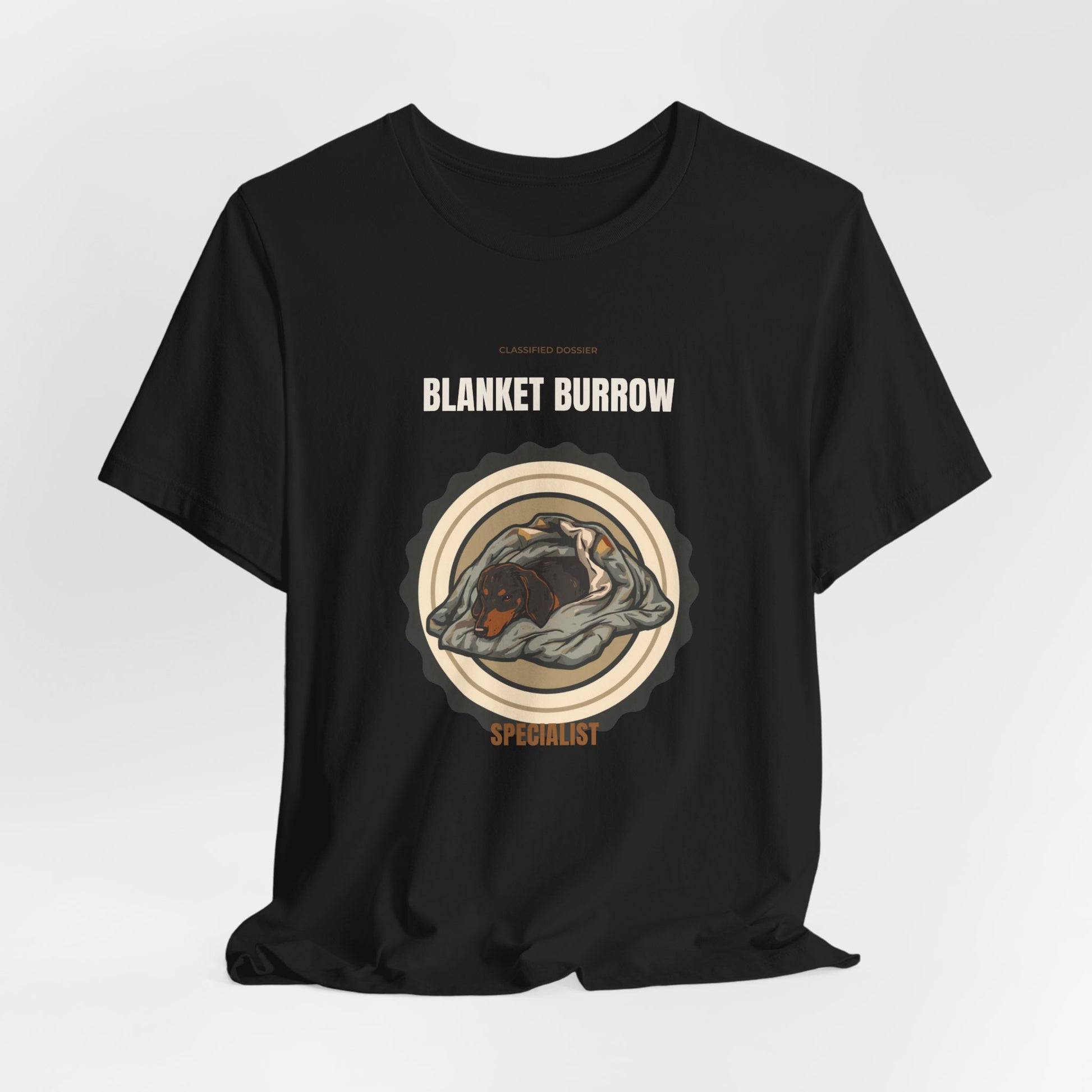 Dachshund Blanket Burrow t-shirt worn by male model, front view