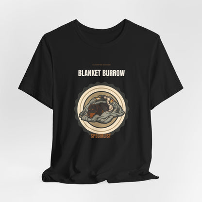 Dachshund Blanket Burrow t-shirt worn by male model, front view