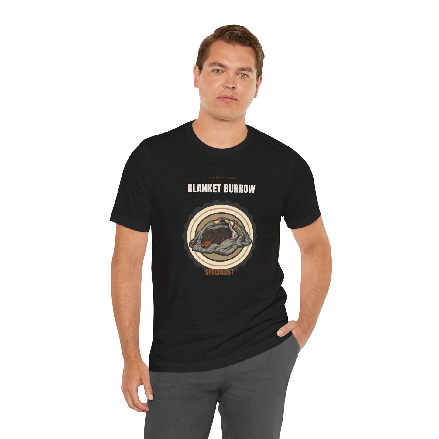 Dachshund Blanket Burrow t-shirt worn by model, side profile