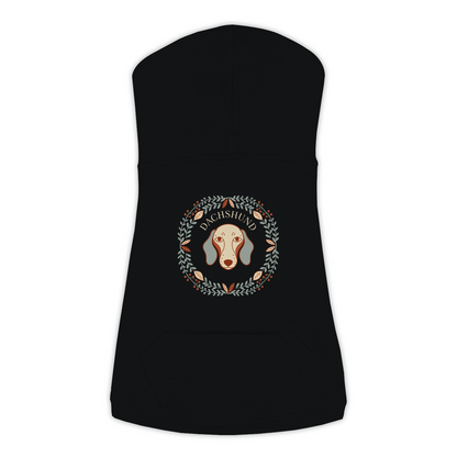 Dachshund dog hoodie in Black — boho-inspired print on cosy fleece pullover, size L