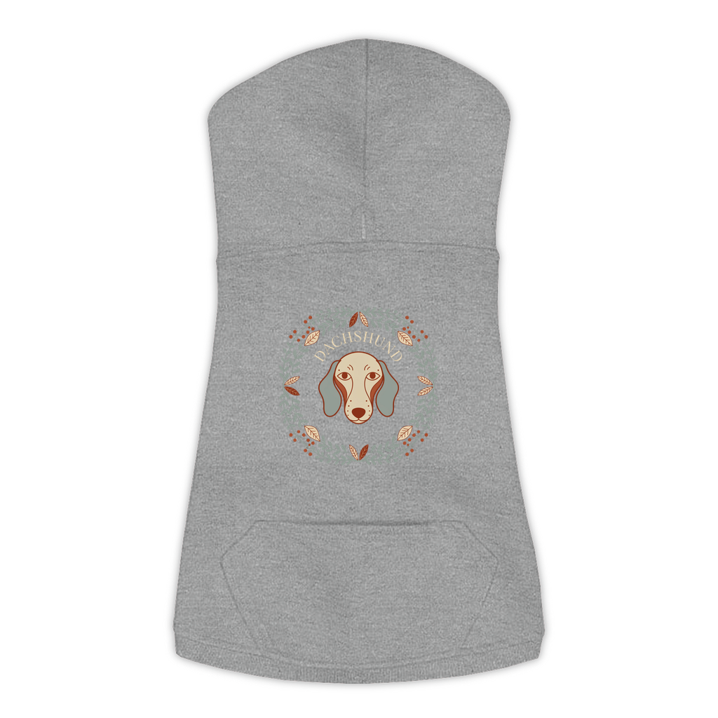 Dachshund dog hoodie in Granite Heather — boho-inspired print on cosy fleece pullover, size L