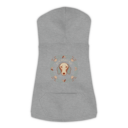 Dachshund dog hoodie in Granite Heather — boho-inspired print on cosy fleece pullover, size L