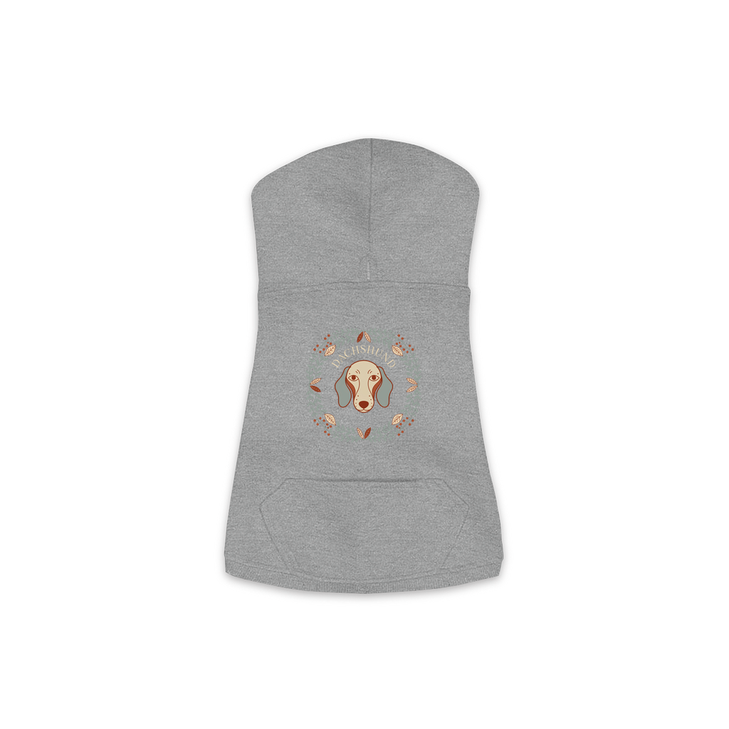 Dachshund dog hoodie in Granite Heather — boho-inspired print on cosy fleece pullover, size S