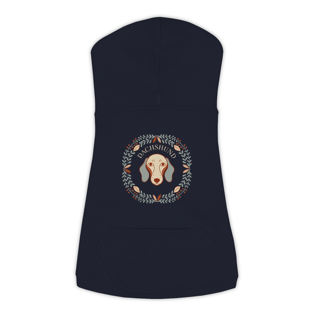 Dachshund dog hoodie in Navy — boho-inspired print on cosy fleece pullover, size L