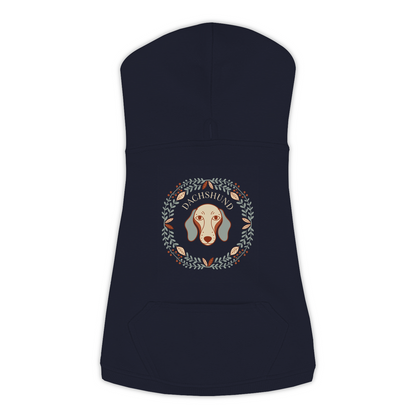 Dachshund dog hoodie in Navy — boho-inspired print on cosy fleece pullover, size L
