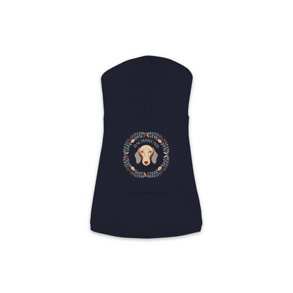 Dachshund dog hoodie in Navy — boho-inspired print on cosy fleece pullover, size S