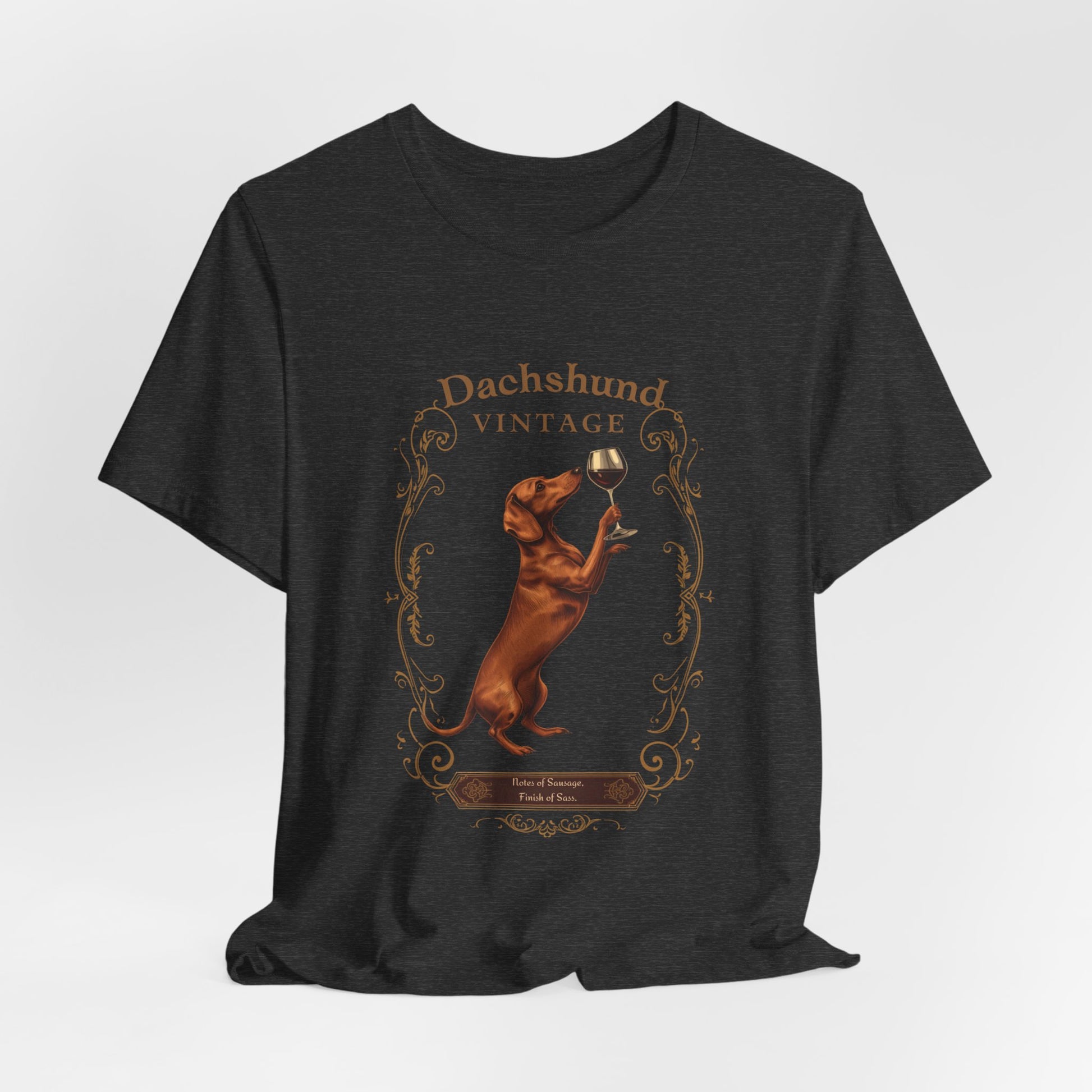 Close-up of Dachshund Breed Sommelier wine label design on black t-shirt