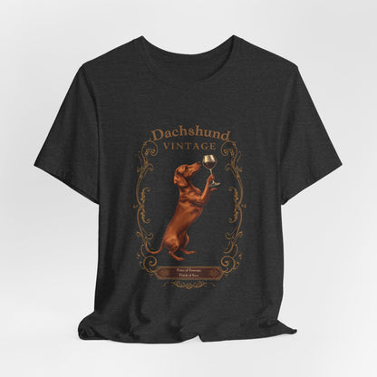 Close-up of Dachshund Breed Sommelier wine label design on black t-shirt