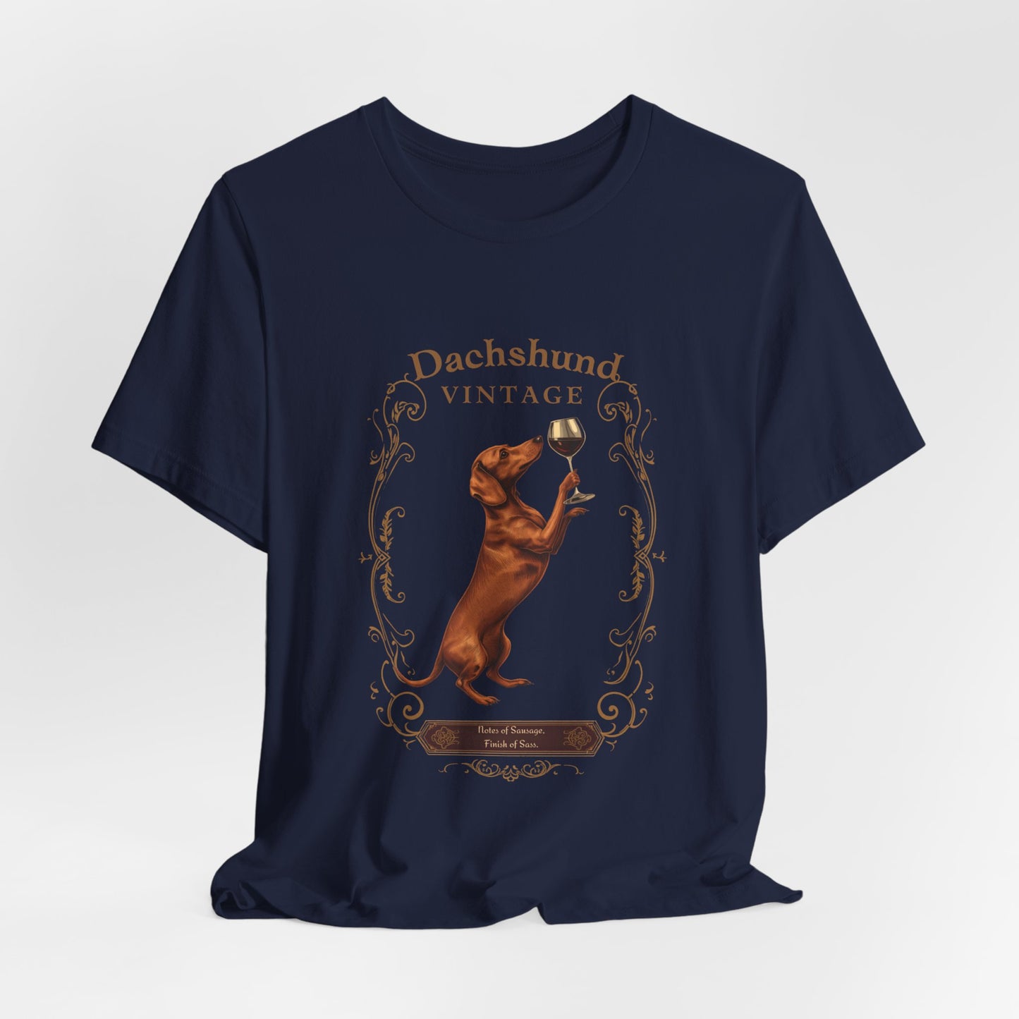 Close-up of Dachshund Breed Sommelier wine label design on black heather t-shirt