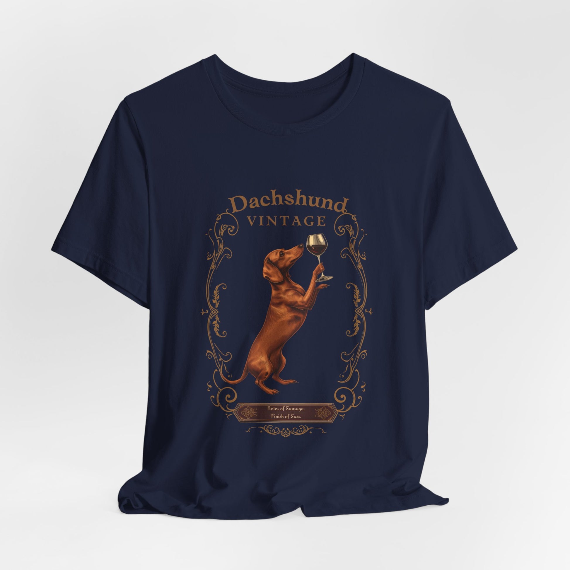Close-up of Dachshund Breed Sommelier wine label design on black heather t-shirt