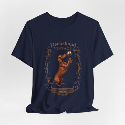 Close-up of Dachshund Breed Sommelier wine label design on black heather t-shirt