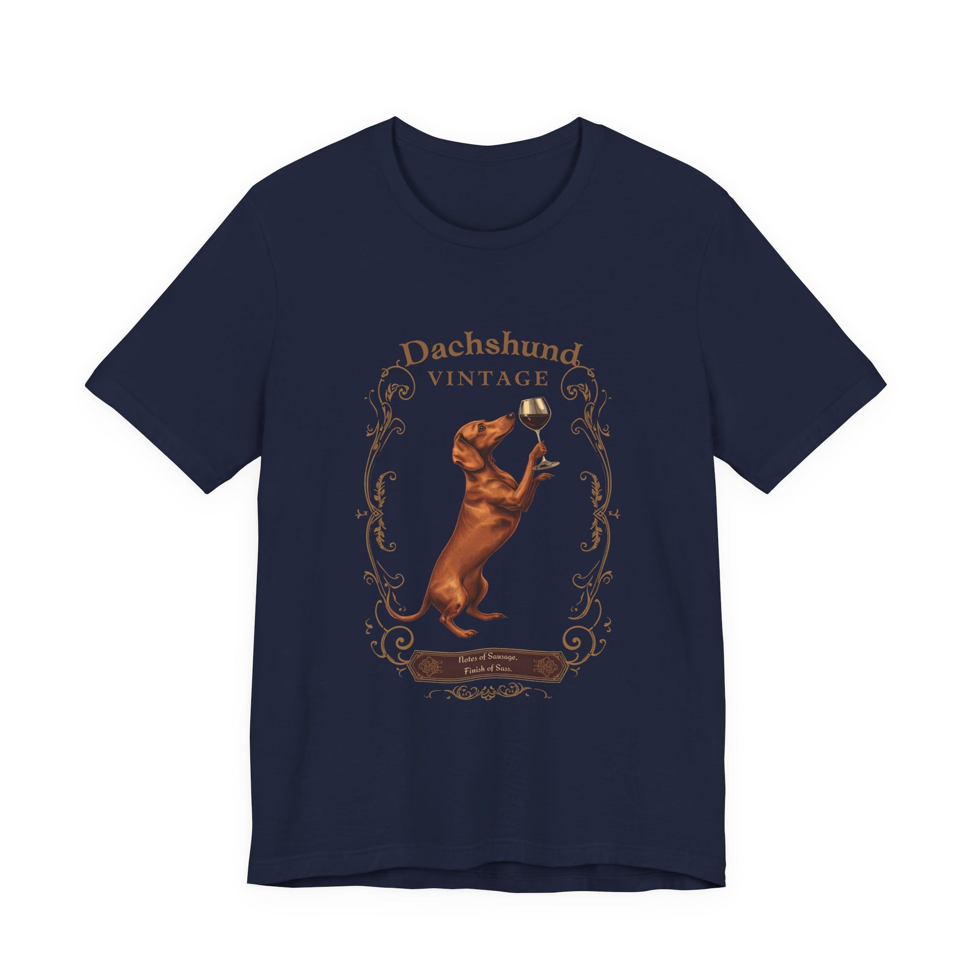 Close-up of Dachshund Breed Sommelier wine label design on dark grey heather t-shirt