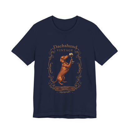 Close-up of Dachshund Breed Sommelier wine label design on dark grey heather t-shirt