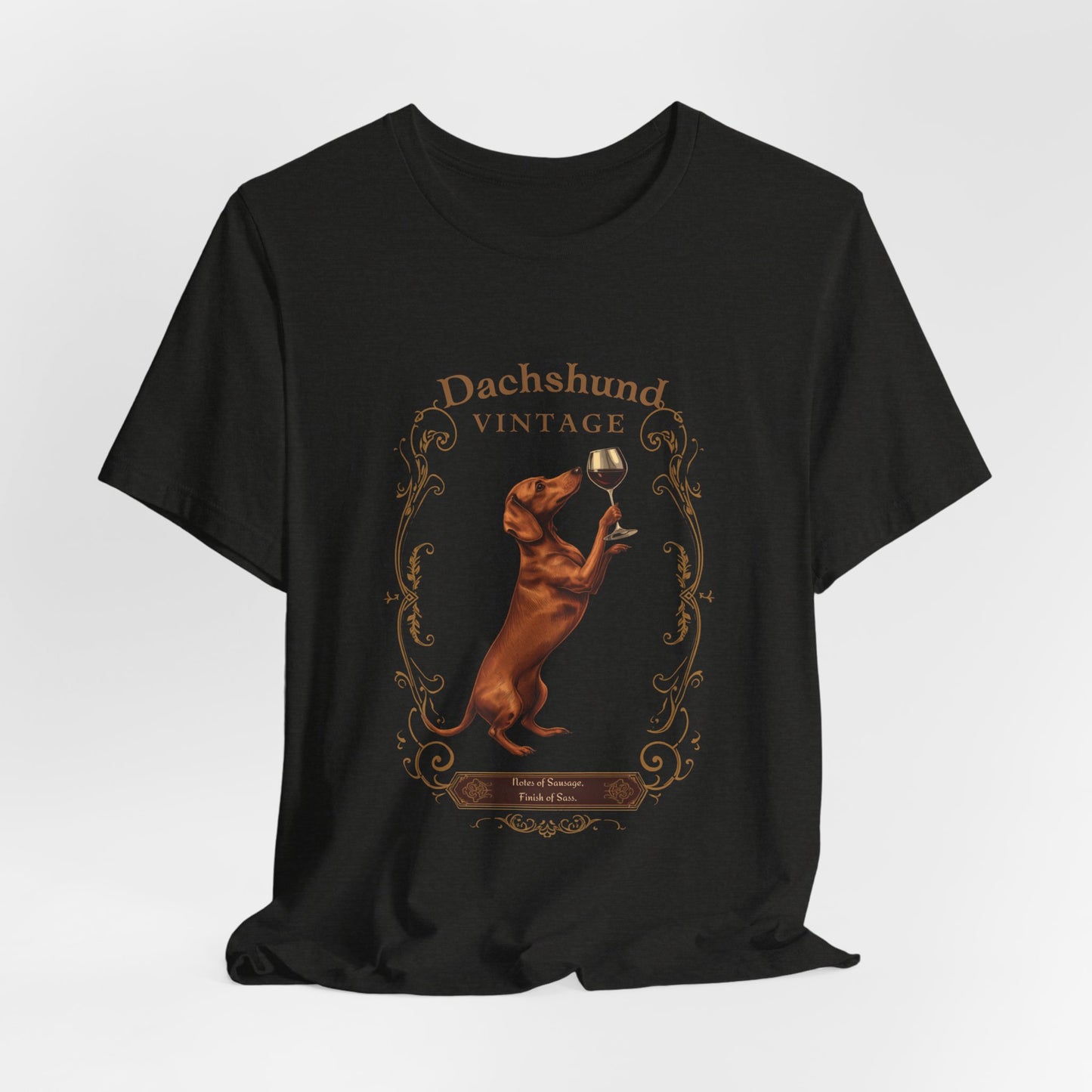 Model wearing Dachshund Breed Sommelier t-shirt in black heather — lifestyle photo