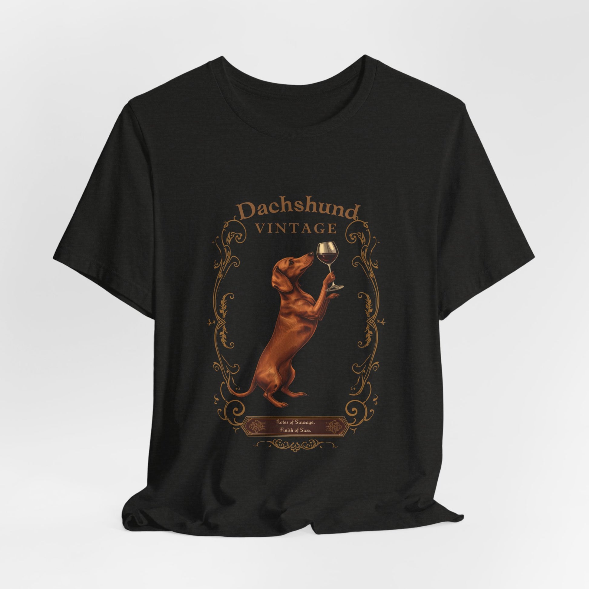 Model wearing Dachshund Breed Sommelier t-shirt in black heather — lifestyle photo