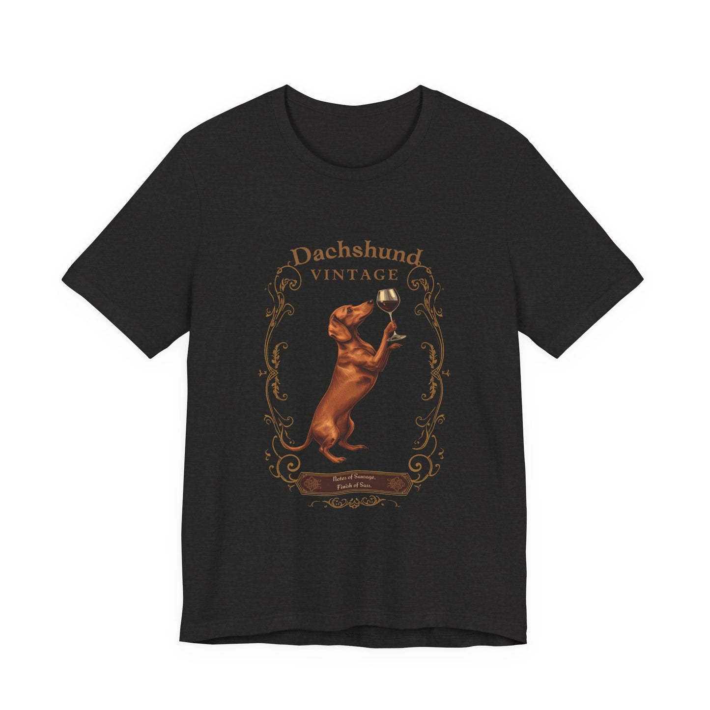 Model wearing Dachshund Breed Sommelier t-shirt in dark grey heather — lifestyle photo