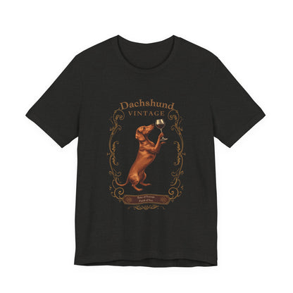 Model wearing Dachshund Breed Sommelier t-shirt in dark grey heather — lifestyle photo