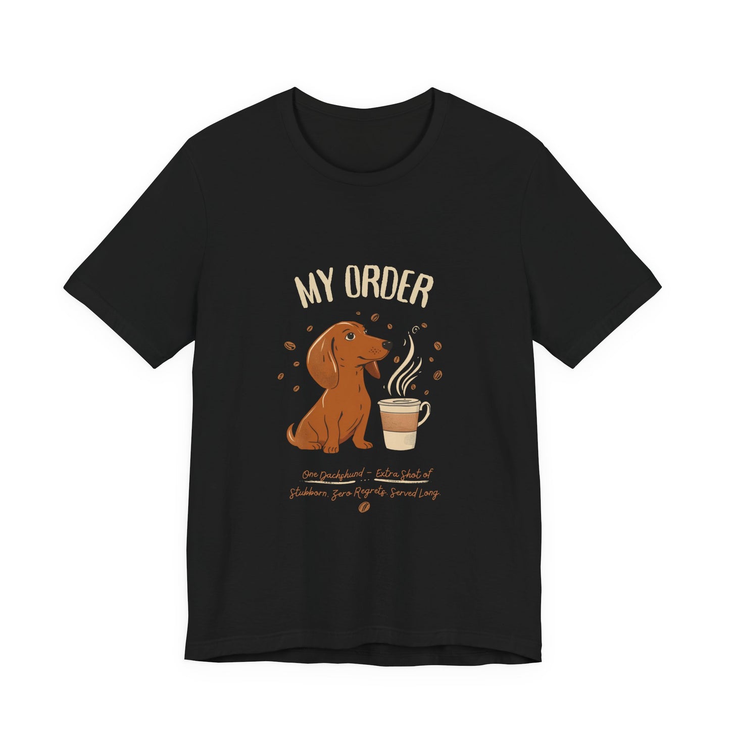 Dachshund Café Order T-Shirt – Black – Flat Lay