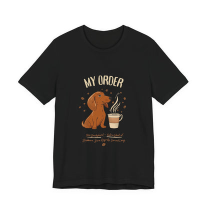 Dachshund Café Order T-Shirt – Black – Flat Lay