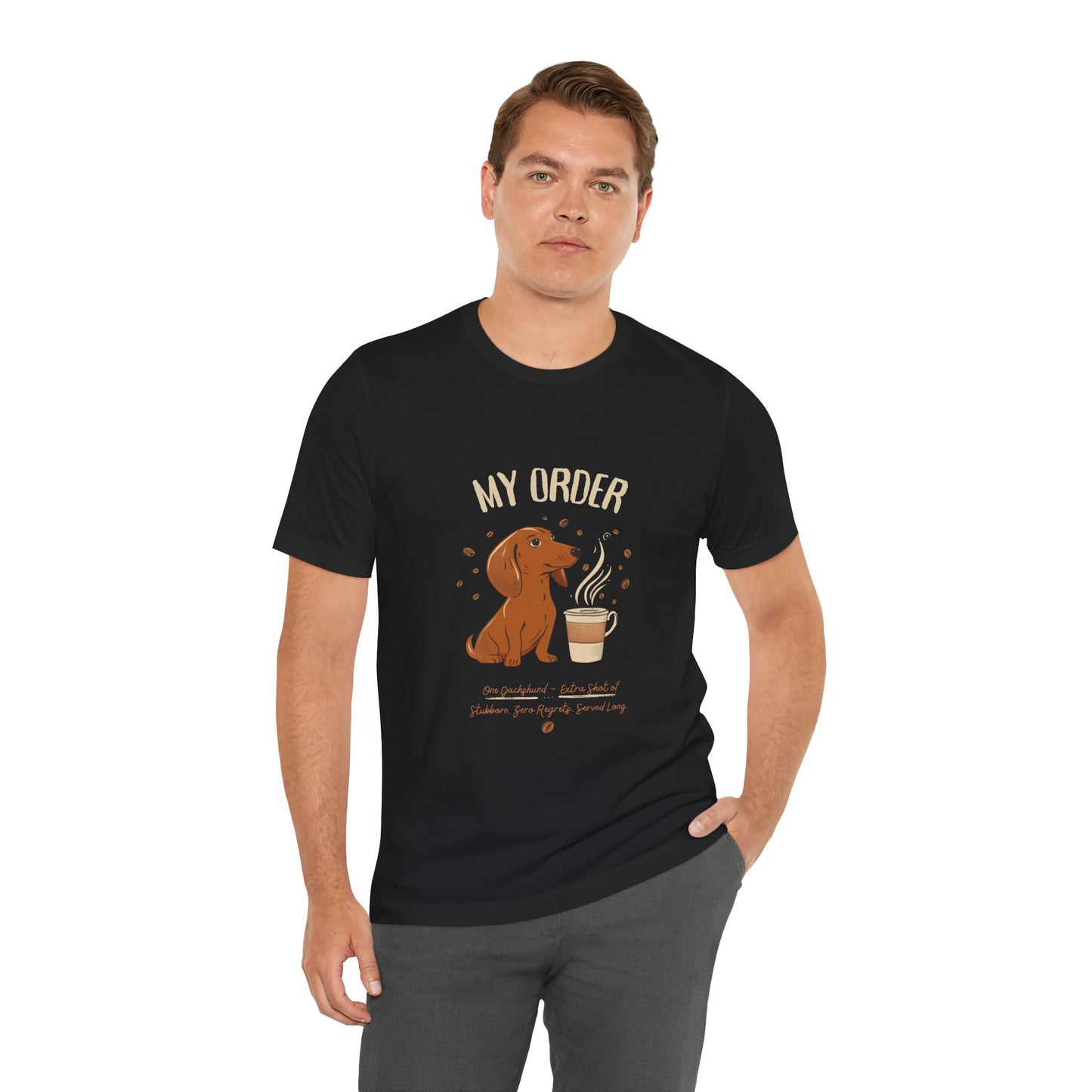 Dachshund Café Order T-Shirt – Black – Lifestyle View