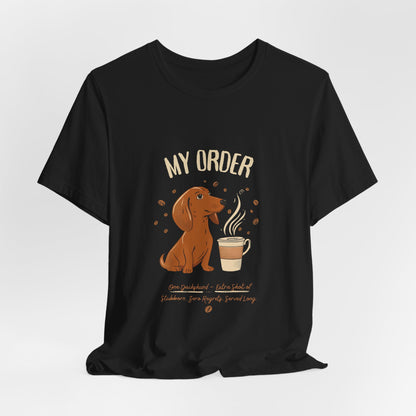 Dachshund Café Order T-Shirt – Dark Grey Heather – Side View
