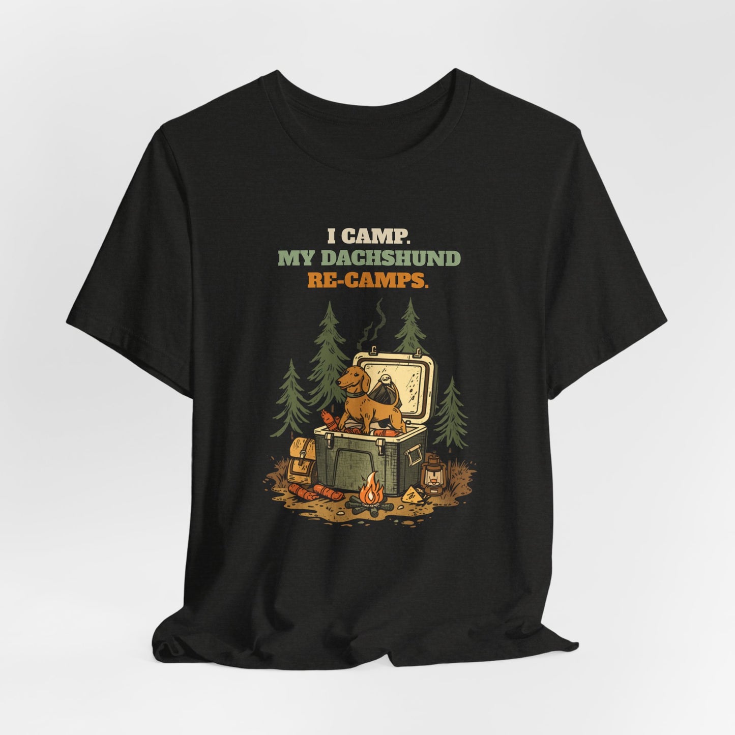 Dachshund camping t-shirt Black Heather colourway