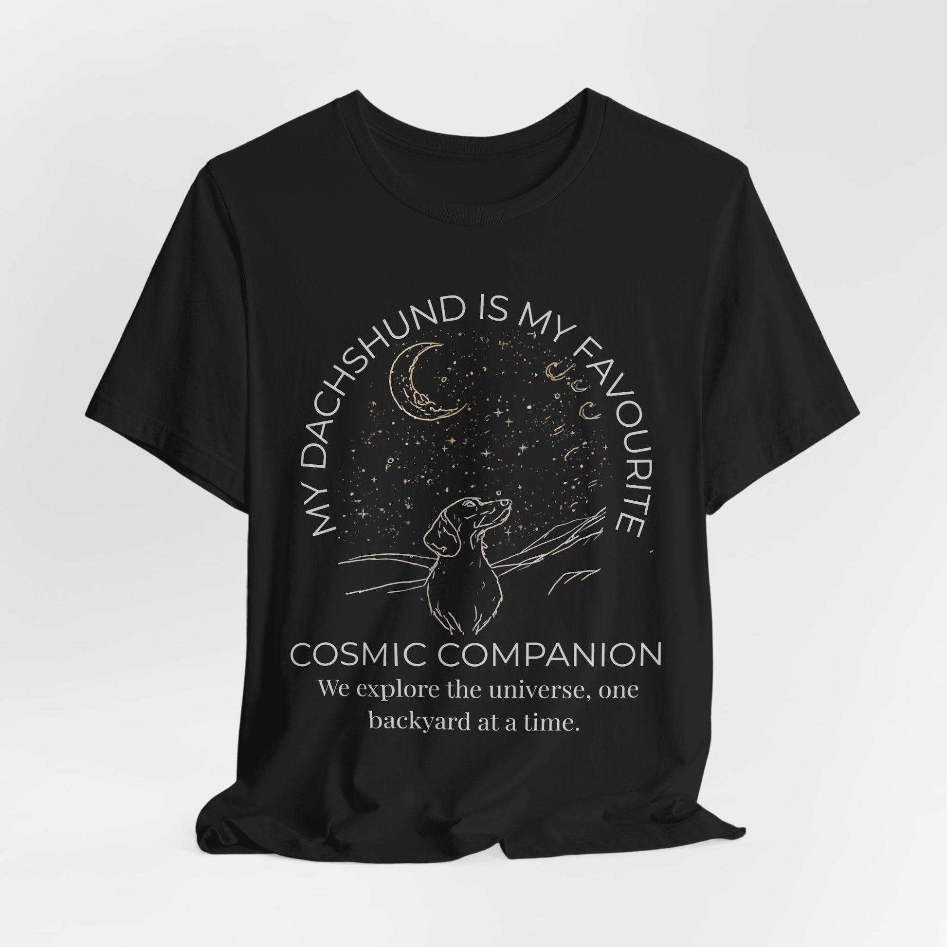 Dachshund Cosmic Companion T-Shirt flat lay