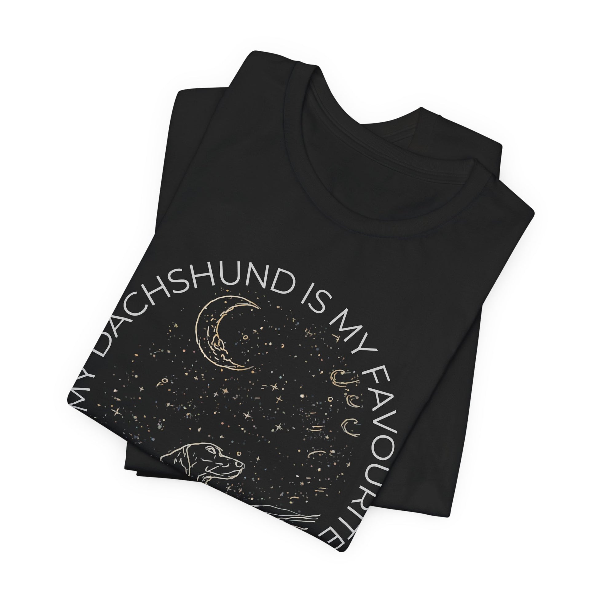 Dachshund Cosmic Companion T-Shirt worn by model outdoors