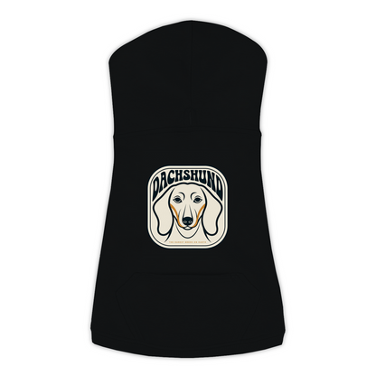 Dachshund dog hoodie in Black — gold crest emblem print on cosy fleece pullover