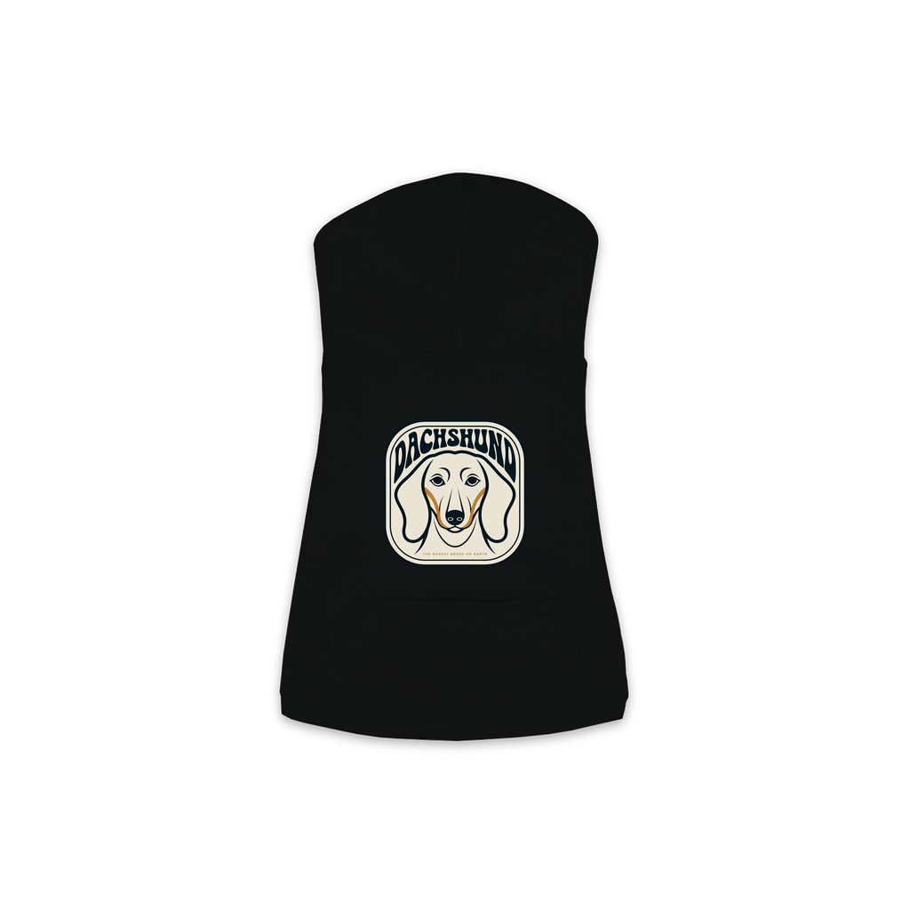 Dachshund dog hoodie in Black — gold crest emblem print on cosy fleece pullover