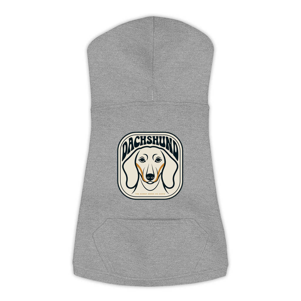 Dachshund dog hoodie in Granite Heather — gold crest emblem print on cosy fleece pullover