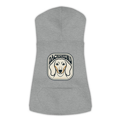 Dachshund dog hoodie in Granite Heather — gold crest emblem print on cosy fleece pullover