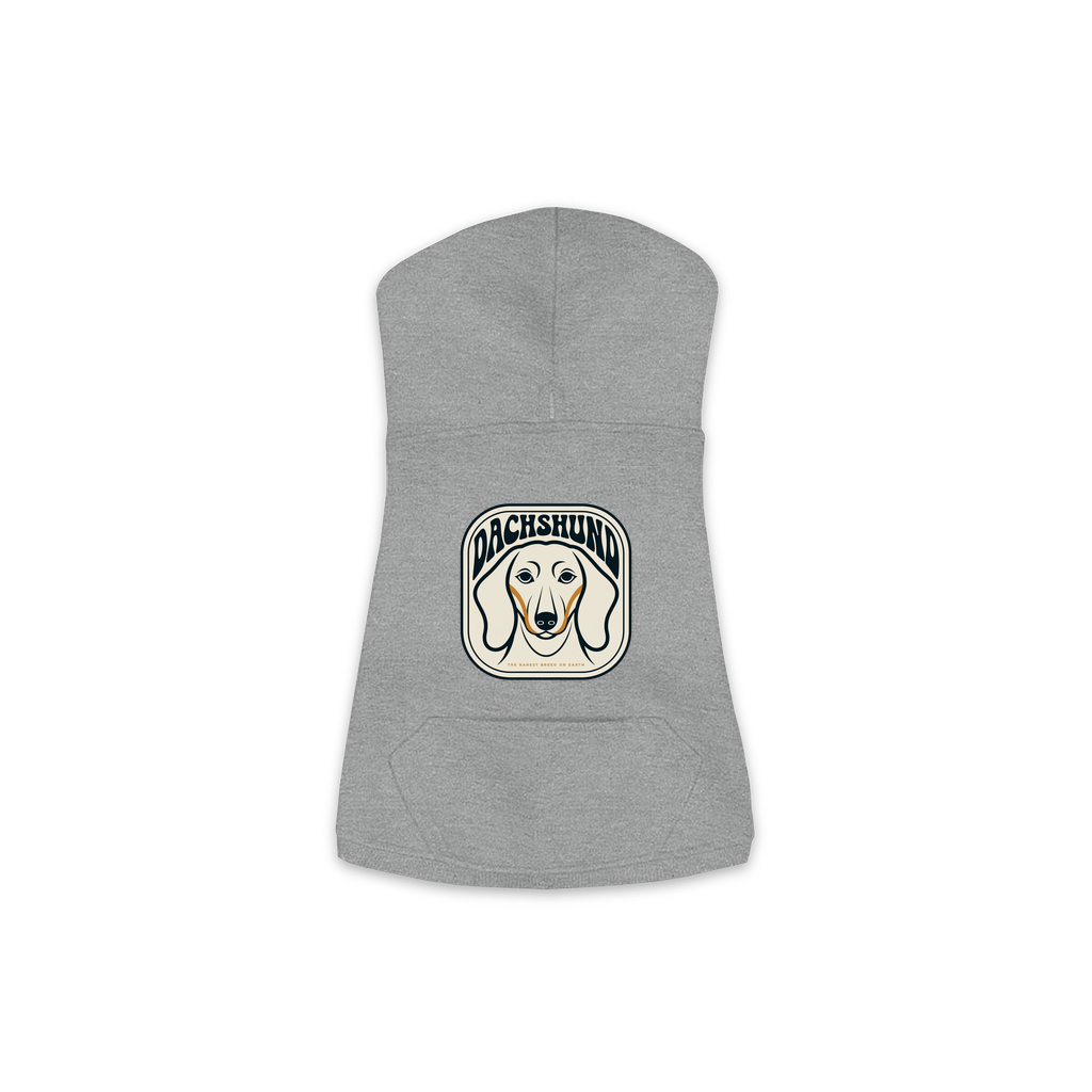 Dachshund dog hoodie in Granite Heather — gold crest emblem print on cosy fleece pullover