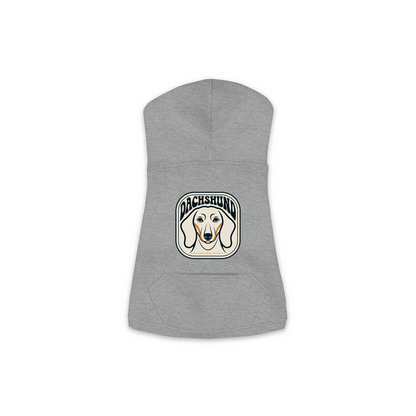 Dachshund dog hoodie in Granite Heather — gold crest emblem print on cosy fleece pullover