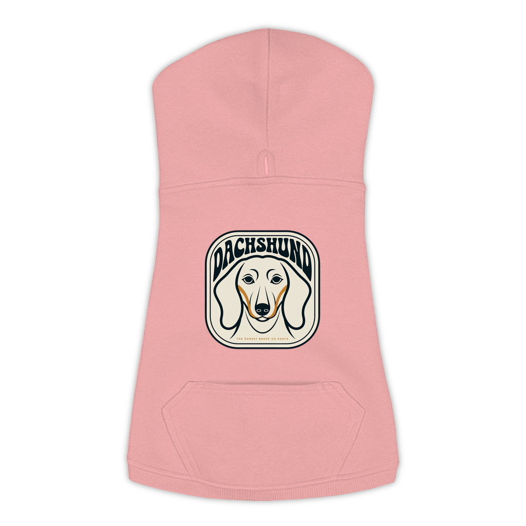 Dachshund dog hoodie in Mauvelous — gold crest emblem print on cosy fleece pullover