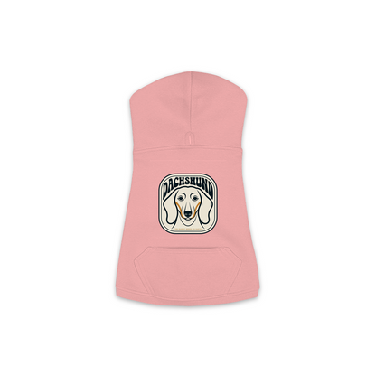 Dachshund dog hoodie in Mauvelous — gold crest emblem print on cosy fleece pullover