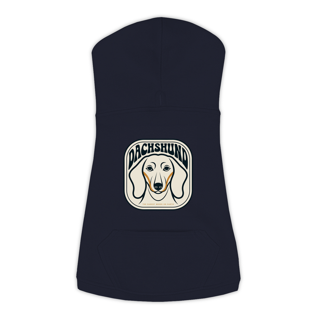 Dachshund dog hoodie in Navy — gold crest emblem print on cosy fleece pullover