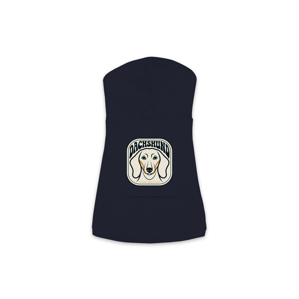 Dachshund dog hoodie in Navy — gold crest emblem print on cosy fleece pullover