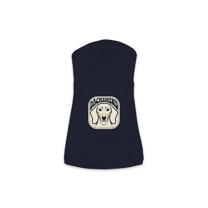 Dachshund dog hoodie in Navy — gold crest emblem print on cosy fleece pullover