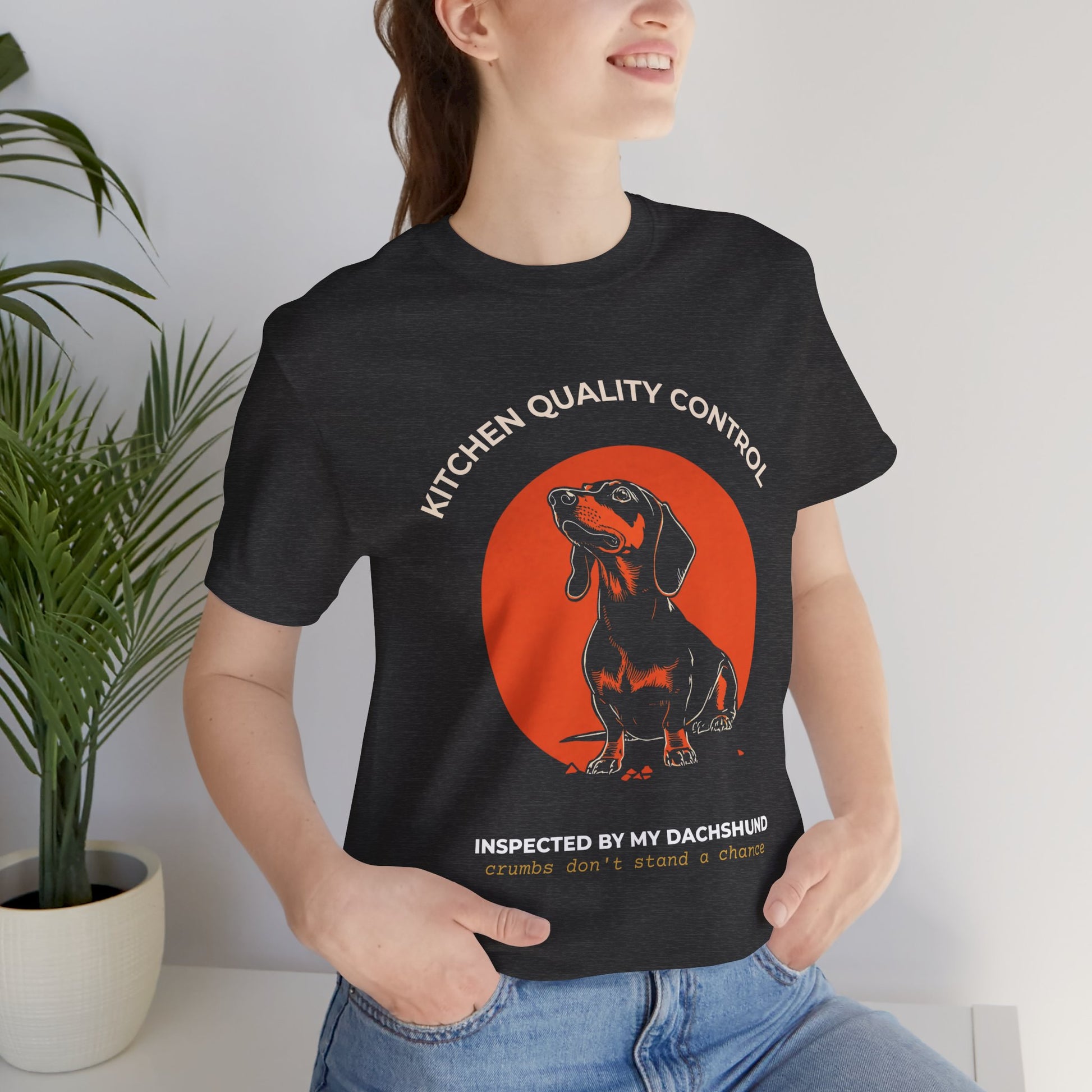 Kitchen Quality Control Dachshund t-shirt — funny Dachshund kitchen tee on Bella+Canvas 3001, view 3